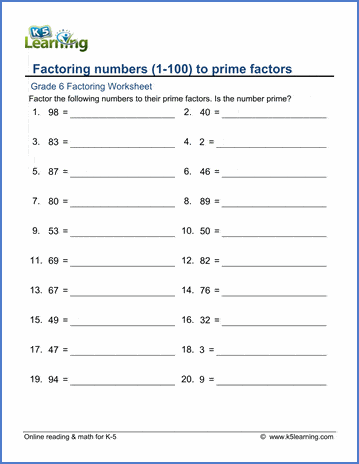 Grade 6 Factoring Worksheet factoring numbers to prime factors