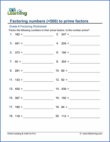 Grade 6 Factoring Worksheet factoring numbers to prime factors