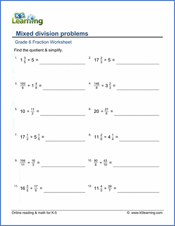 Grade 6 Fractions Worksheet mixed division practice