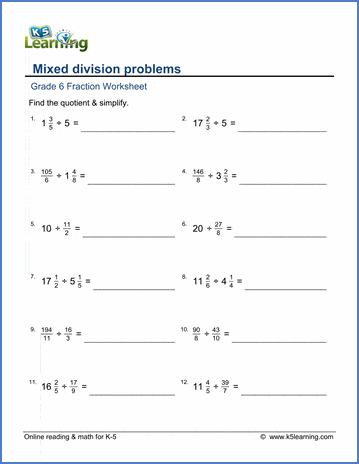 grade 6 fractions worksheets mixed division practice k5 learning