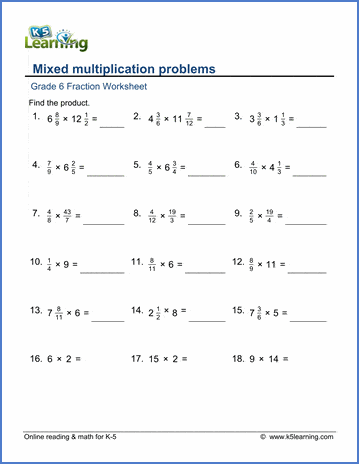 Grade 6 Fractions Worksheet mixed multiplication problems