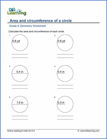 Grade 6 Geometry Worksheet area and circumference of circles
