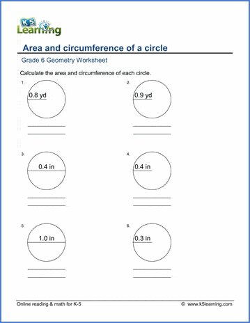 grade 6 geometry worksheets area and circumference of a