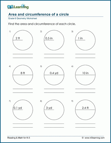 Grade 6 Geometry Worksheets: Area and circumference of a circle | K5  Learning