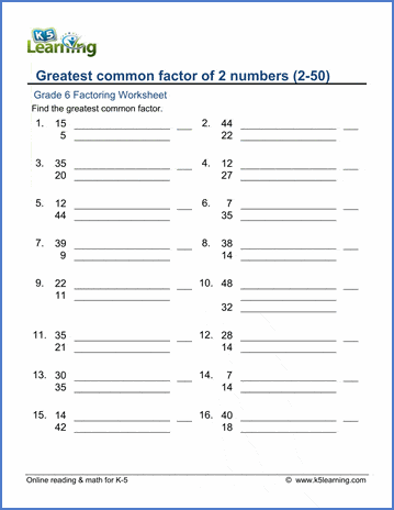 Grade 6 Factoring Worksheet greatest common factor of 2 numbers