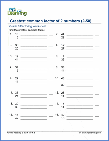 Grade 6 Factoring Worksheets: Greatest common factor (GCF) (2-50) | K5  Learning