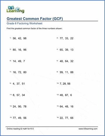 Grade 6 Factoring Worksheets: Greatest common factor of 3 numbers | K5  Learning