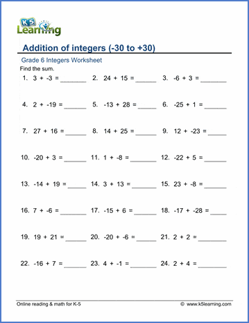 Grade 6 Integers Worksheet addition of integers minus 30 to plus 30