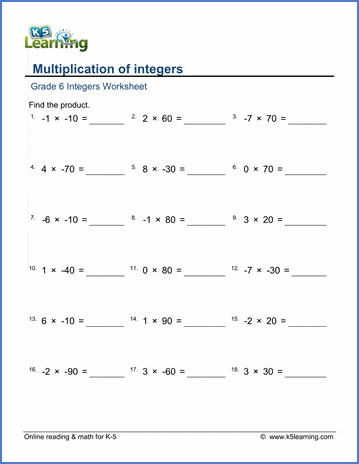 Grade 6 Integers Worksheet multiplying integers by whole tens