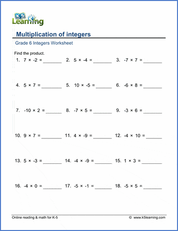 Grade 6 Integers Worksheet multiplication of integers
