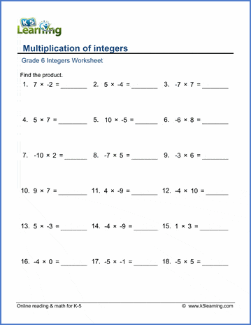 grade 6 integers worksheets multiplication of integers k5 learning