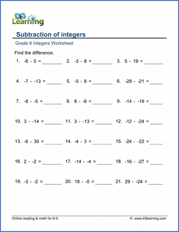 Grade 6 Integers Worksheet subtraction of integers minus 30 to plus 30