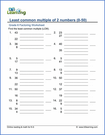Grade 6 Factoring Worksheet least common multiple of 2 numbers