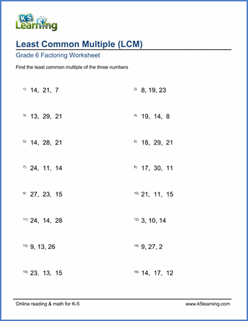 Grade 6 Math Worksheet - Least common multiple (LCM) of 3 numbers | K5  Learning