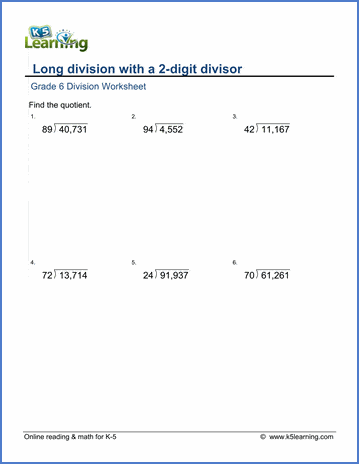 Grade 6 Multiplication and division Worksheet long division with a 2-digit divisor