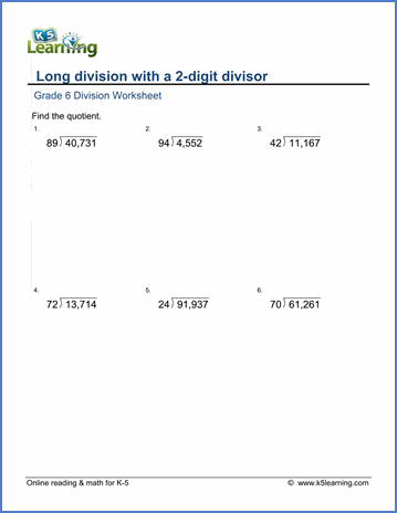 Grade 6 Math Worksheet - Multiplication And Division: Long Division With A 2 -Digit Divisor | K5 Learning