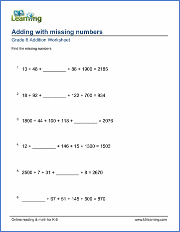 Grade 6 Factoring Worksheet adding with missing numbers