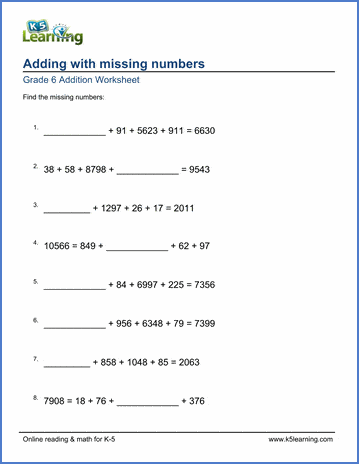 Grade 6 Addition Worksheets: Missing addend problems | K5 Learning