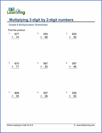 grade 6 math worksheets multiplication in columns k5 learning