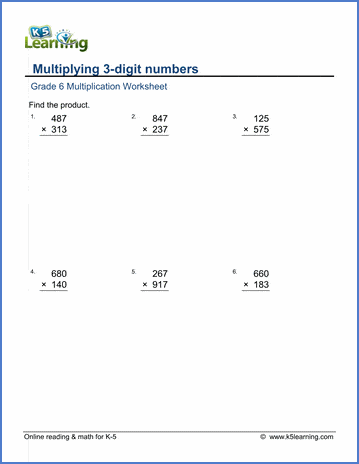 Grade 6 Multiplication and division Worksheet multiplying two 3-digit numbers