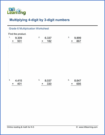Grade 6 Multiplication and division Worksheet multiplying 4-digit by 3-digit numbers