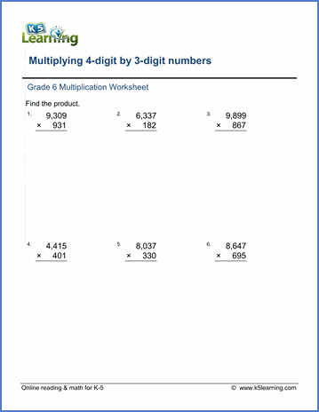 Grade 6 Math Worksheets: Multiplication In Columns 4 By 3-Digits | K5 Learning