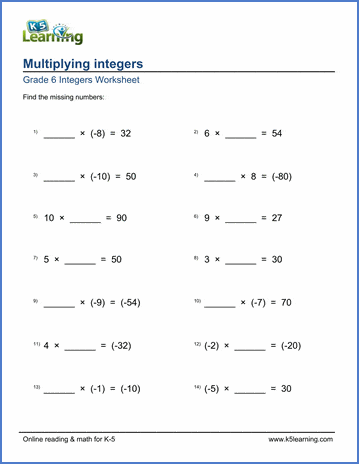 Grade 6 Integers Worksheet multiplication of integers with missing factor