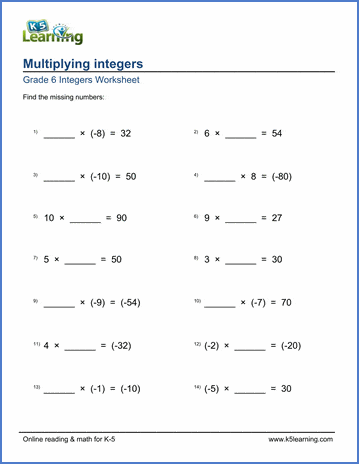 Grade 6 Integers Worksheets: Multiplying integers (missing factors) | K5  Learning