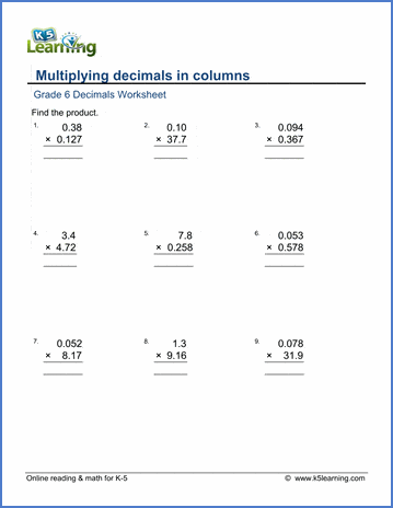 grade 6 math worksheets multiplication of decimals in columns k5
