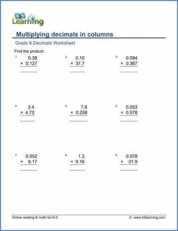 grade 6 math worksheets multiplication of decimals in