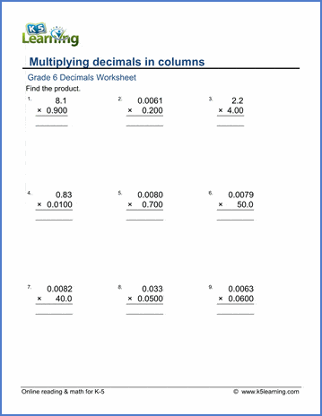 Grade 6 Worksheets: Decimal by decimal multiplication (1-4 digits) | K5  Learning