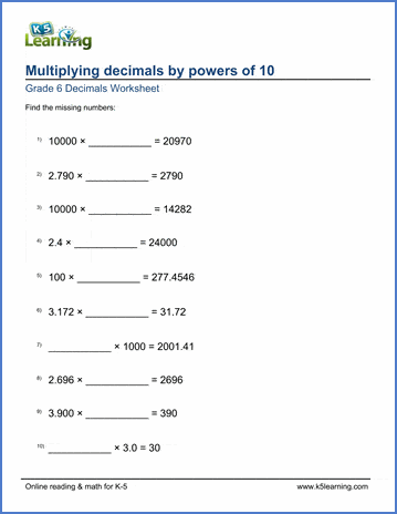 Grade 6 Decimals Worksheet multiplying decimals by powers of 10 with missing factor