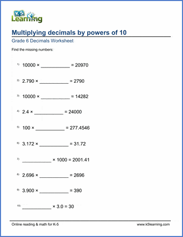 Grade 6 Worksheets: Multiply decimals by 000's (missing factors) | K5  Learning