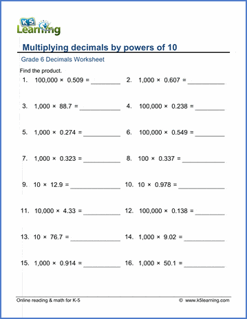 Grade 6 Decimals Worksheet multiplying decimals by powers of 10