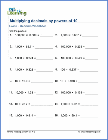 Grade 6 Math Worksheets: Multiplying decimals by 10 to 100,000 | K5 Learning