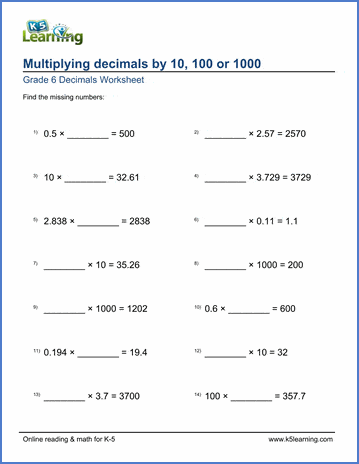 Grade 6 Decimals Worksheet multiplying decimals by 10, 100 or 1,000 with missing factor
