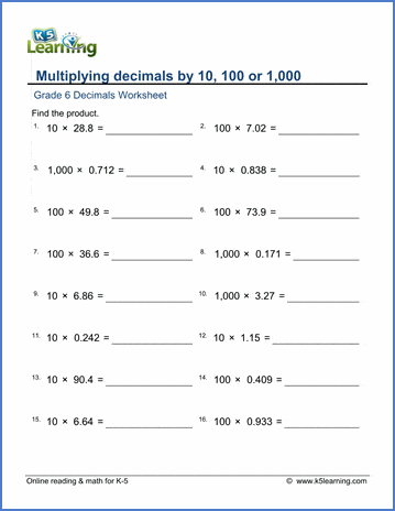 Grade 6 Math Worksheets: Multiplying decimals by 10, 100 or 1,000 | K5  Learning