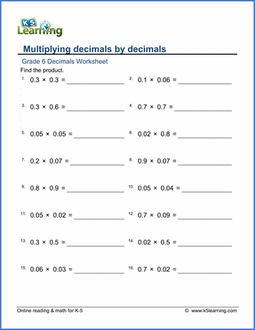 Grade 6 math worksheet - Decimals: multiplying decimals by ...