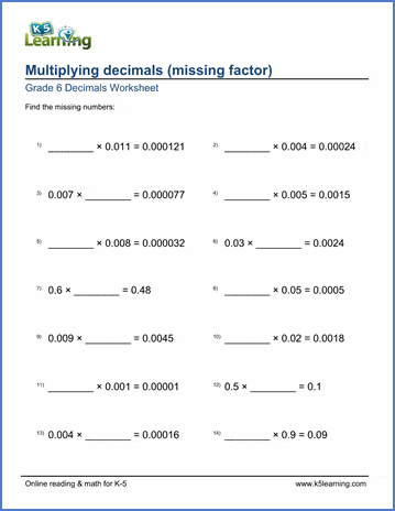 Grade 6 Decimals Worksheet multiplying decimals with missing factor (harder version)