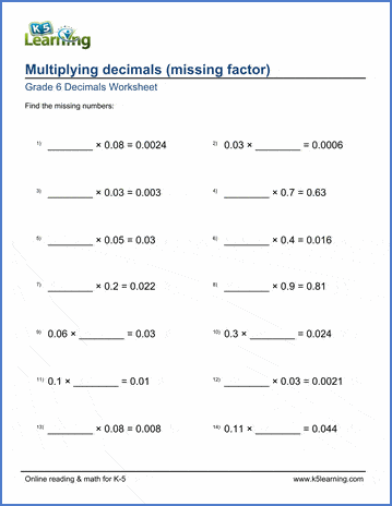 Grade 6 Decimals Worksheet multiplying decimals with missing factor