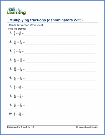 Grade 6 Fractions Worksheet multiplying fractions - denominators 2-25