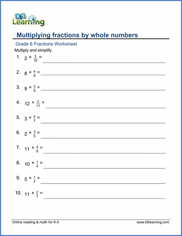 Grade 6 Fractions Worksheet multiplying fractions by whole numbers