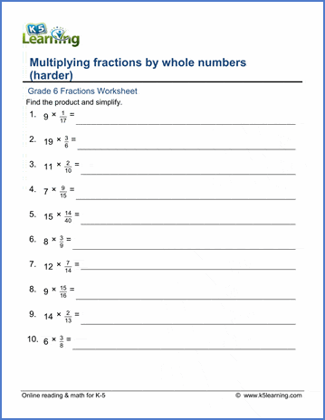 Grade 6 Fractions Worksheet multiplying fractions by whole numbers