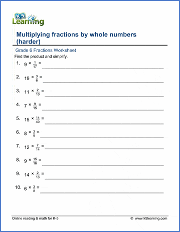 Grade 6 Fractions Worksheets: Fractions multiplied by whole numbers | K5  Learning