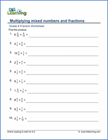 Grade 6 Math Worksheets: Multiplying mixed numbers and fractions | K5  Learning