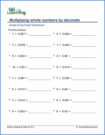 Grade 6 Decimals Worksheet multiplying whole numbers by decimals - harder version