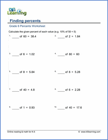 grade 6 math worksheet how many percent is one number of another k5 learning