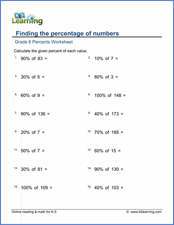 Grade 6 Math Worksheets: Percentage of whole numbers