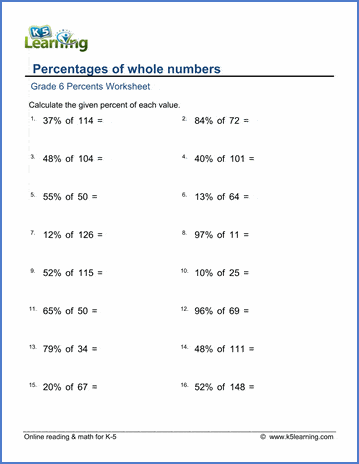 grade 6 percents worksheets percentages of whole numbers harder k5 learning