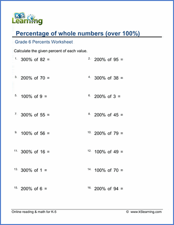 Grade 6 percents Worksheet percentage of whole numbers over 100%